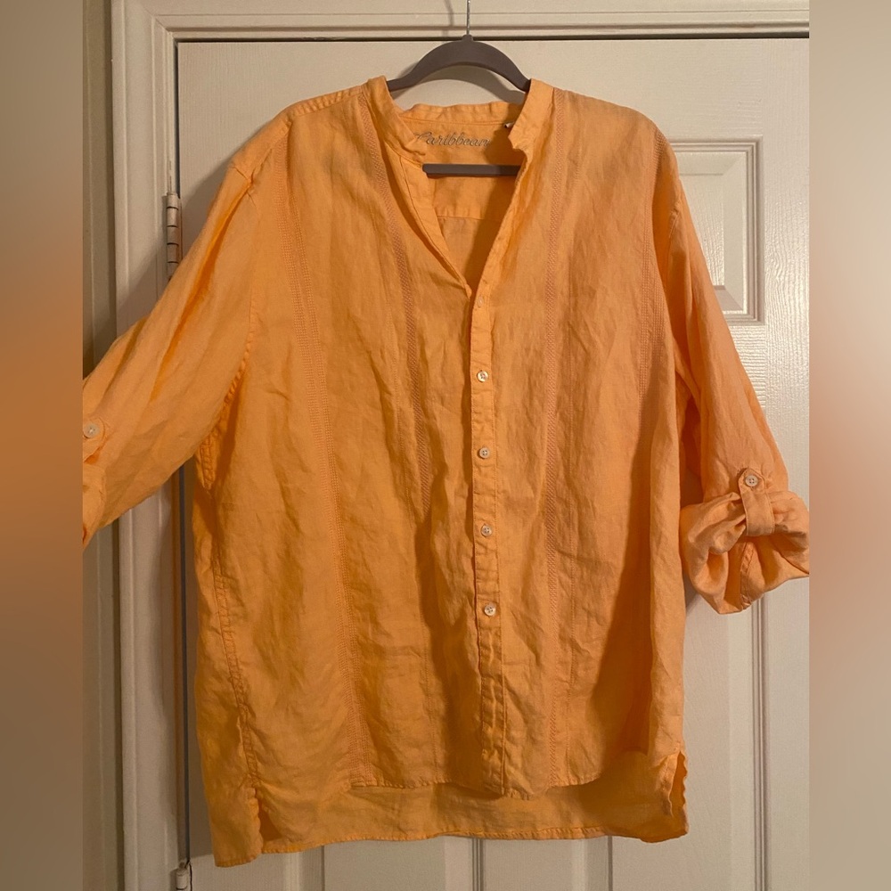 Caribbean. Women’s XL Orange Button-Up Shirt. Linen. Long Sleeve. V Neck.